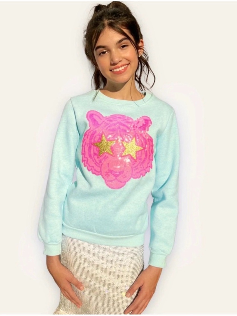 Lola + The Boys Neon Sequin Tiger Sweatshirt in Blue Green, Size Girls 14, EUC